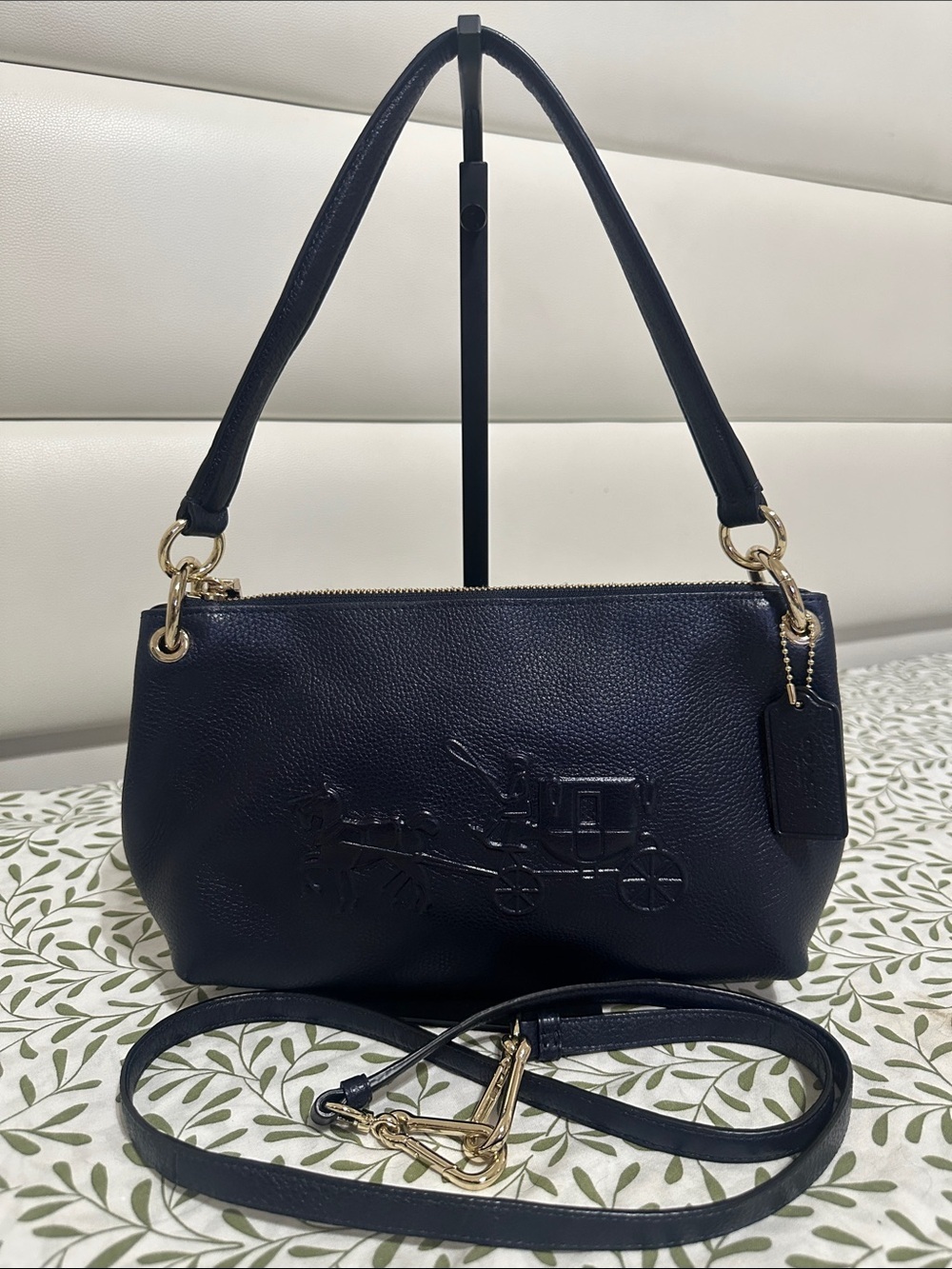 Coach Navy Pebbled Leather Shoulder Bag with Long Strap